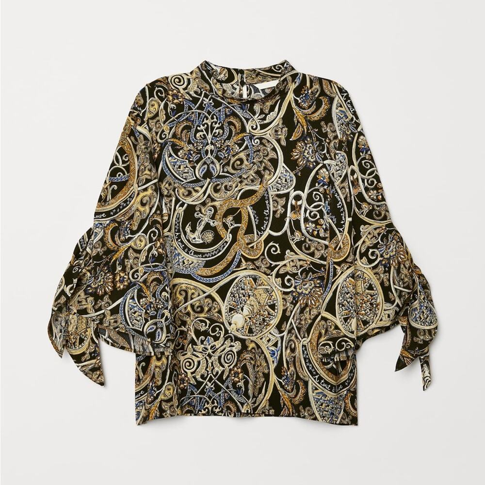 H&M Blouse with Stand Up Collar Black Multicolored Size 6